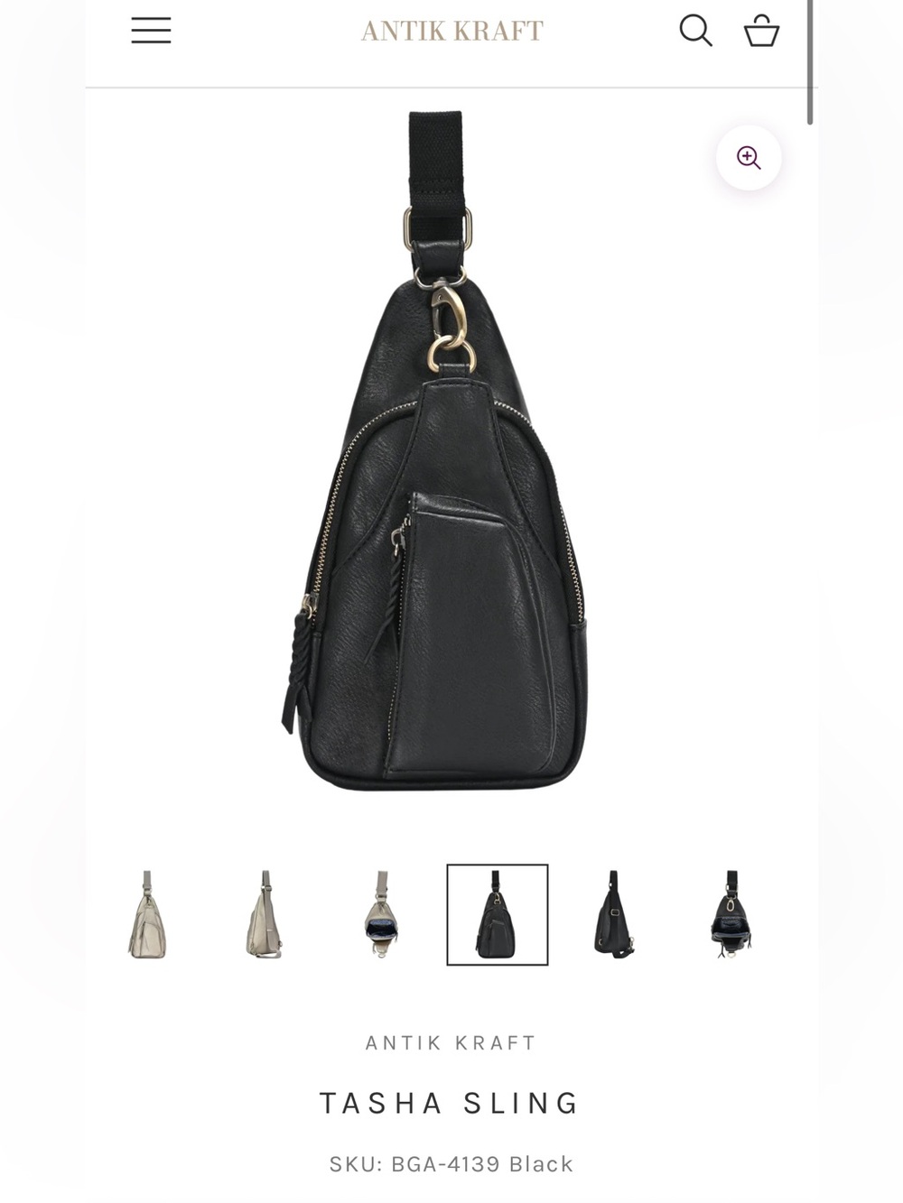 Antik Kraft black soft vegan leather Tasha crossbody sling bag brass hardware
